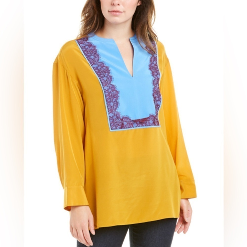 TORY BURCH - Golden Claire Tunic - 100% silk top with lace trim embellishment. 6
